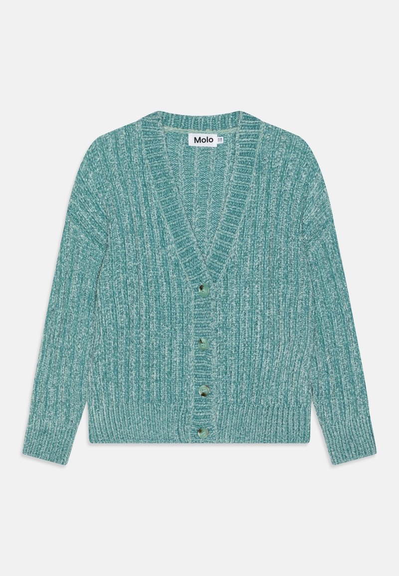 Cardigan en maille côtelée vert-bleu avec manches longues, col en V et quatre boutons sur le devant, étiqueté Molo.