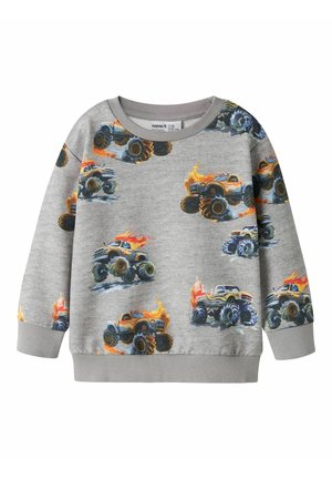 Sweat-shirt gris pour enfants avec des illustrations multicolores de camions monstres, certains avec des flammes, répétées sur le tissu, avec poignets, col et bas côtelés.