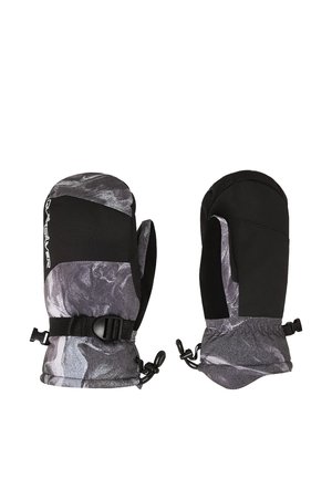 Paar schwarze und graue Winterhandschuhe mit verstellbaren Handgelenksriemen und einem Quiksilver-Logo auf einem Handschuh.