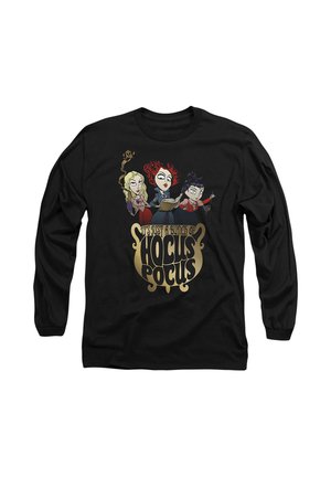 Black long-sleeve shirt featuring cartoon witches in colorful attire, a book, and text reading "It's just a bunch of Hocus Pocus" in gold.
