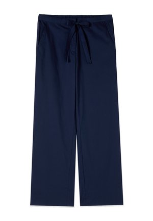 Pantalon bleu marine droit avec poches avant et ceinture nouée à la taille, présenté sur fond blanc.