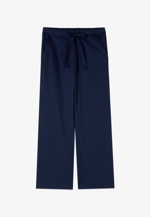 Pantalon bleu marine droit avec poches avant et ceinture nouée à la taille, présenté sur fond blanc.