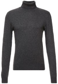 Dunkelgrauer Rollkragenpullover aus weichem Strickmaterial, mit langen Ärmeln und geripptem Kragen und Saum. Einfaches, nahtloses Design.