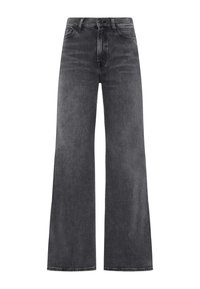 Jeans large grise en denim, présentant un design taille haute, des coutures visibles et un ourlet sans couture. Pas de détails matériels proéminents.