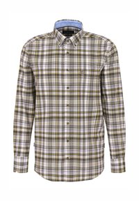 Grün-braun-gelb kariertes Langarmhemd mit Button-Down-Kragen und Brusttasche; Baumwollmaterial; sichtbare Knöpfe.