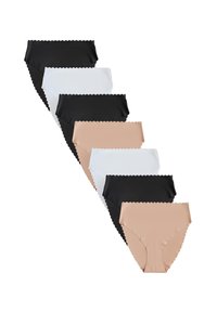 Set van zes slips in beige, zwart en wit, met een gladde textuur en gegolfde randen. Klassiek ontwerp, geschikt voor dagelijks gebruik.