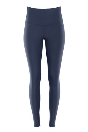 Navy blue leggings with a high waist, made from smooth, stretchy material, featuring flat seams and no visible logos or patterns.