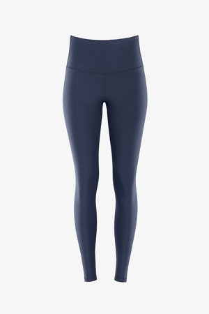 Marineblaue Leggings mit hoher Taille, aus glattem, elastischem Material, mit flachen Nähten und ohne sichtbare Logos oder Muster.