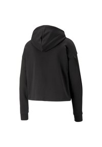 Sudadera corta negra de manga larga con puños acanalados, detalles de costura visibles y vista trasera de la capucha y los hombros.