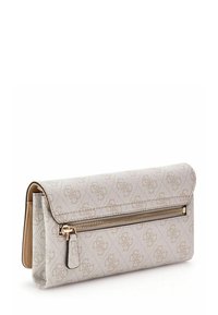 Portefeuille beige clair à motifs avec un rabat pliant, une poche avant zippée avec une fermeture éclair dorée, et une doublure intérieure couleur camel.