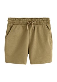 Khakifarbene Shorts aus weichem Stoff mit elastischem Bund und Kordelzug. Verfügt über zwei Seitentaschen und eine glatte Textur.