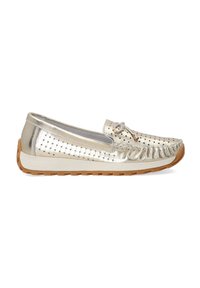 Metallic gold slip-on shoe featuring woven texture, fringe accents, and a decorative button. A white sole with a rubberized brown bottom.
