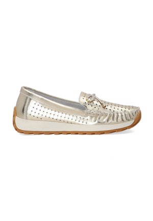 Metallic gold slip-on shoe featuring woven texture, fringe accents, and a decorative button. A white sole with a rubberized brown bottom.