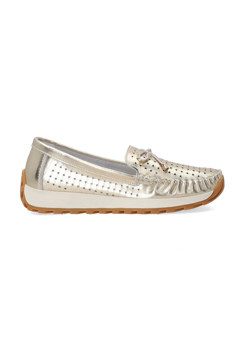 Metallic gold slip-on shoe featuring woven texture, fringe accents, and a decorative button. A white sole with a rubberized brown bottom.