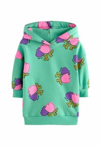 Hanorac cu glugă din material verde, decorat cu un model floral cu flori roz și violet. Include mansete și o interior cu model.