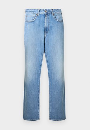 Svetlo modre kavbojke iz jeansa z ravnim krojem, z dizajnom s petimi žepi, zapiranjem na zgornji gumb in subtilnim bledenjem na nogah.