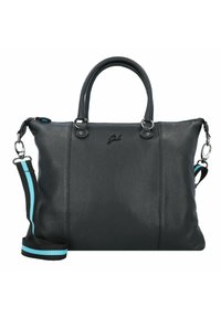Borsa a mano in pelle nera con superficie testurizzata, manici superiori doppi, tracolla removibile con strisce blu e nere, e accentatura con logo.