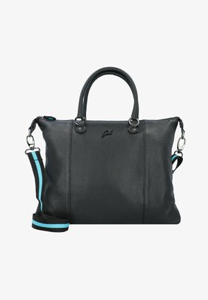Bolso de mano de piel negra con superficie texturada, dobles asas superiores, correa de hombro desmontable con franjas azul y negra, y acento de logotipo.