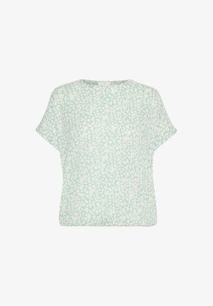 Top verde chiaro con maniche corte, caratterizzato da un motivo floreale bianco. Collo tondo e vestibilità rilassata, realizzato in un tessuto morbido e leggero.