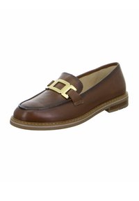 Brown leather loafers with a rounded toe, featuring a gold-tone buckle accent and a low, textured rubber sole.
