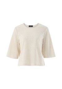 Kurzärmeliges cremefarbenes Oberteil mit einem strukturierten Blumenmuster, Rundhalsausschnitt und lockerer Passform. Der Stoff wirkt weich und leicht.