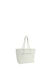 Witte tote bag met twee lange handvatten, textuurmateriaal en een ritsvak aan de voorkant. Eenvoudige, rechthoekige vorm.
