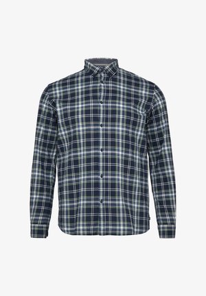 Chemise pour homme à manches longues avec motifs à carreaux bleu marine, blanc et vert, et col boutonné.