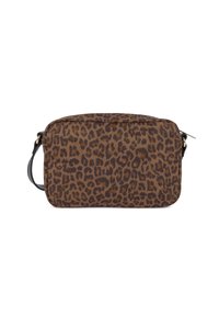 Borsa a tracolla con stampa leopardata, realizzata in morbido tessuto con chiusura a zip, dotata di una tracolla in pelle nera e dalla forma rettangolare.
