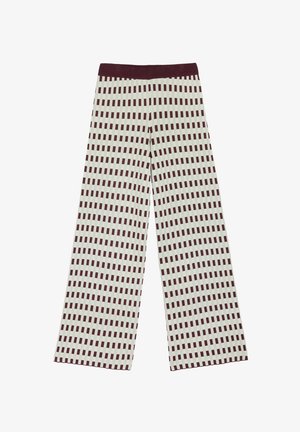 Szerokie spodnie wykonane z miękkiego materiału, z siatkowym wzorem w ciemnoczerwonym i kremowym kolorze. Elastyczny pas z bordowym obszyciem.