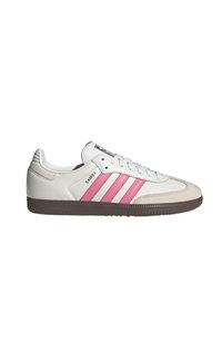 Sneaker bianchi in pelle con design a tre strisce rosa, suola in gomma marrone testurizzata e collare imbottito; logo "SAMBA" sul lato.