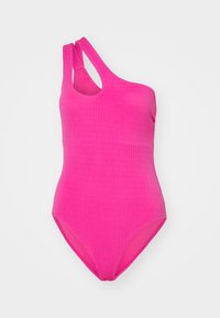 En-skulder rosa badedrakt med teksturert stoff, med utsnitt og doble skulderstropper, designet for en slank passform.