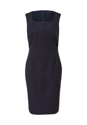 Granatowa dopasowana sukienka z kwadratowym dekoltem i bezrękawowym krojem. Wykonana z gładkiego materiału, z detalami przeszyć i zamek błyskawiczny z tyłu.