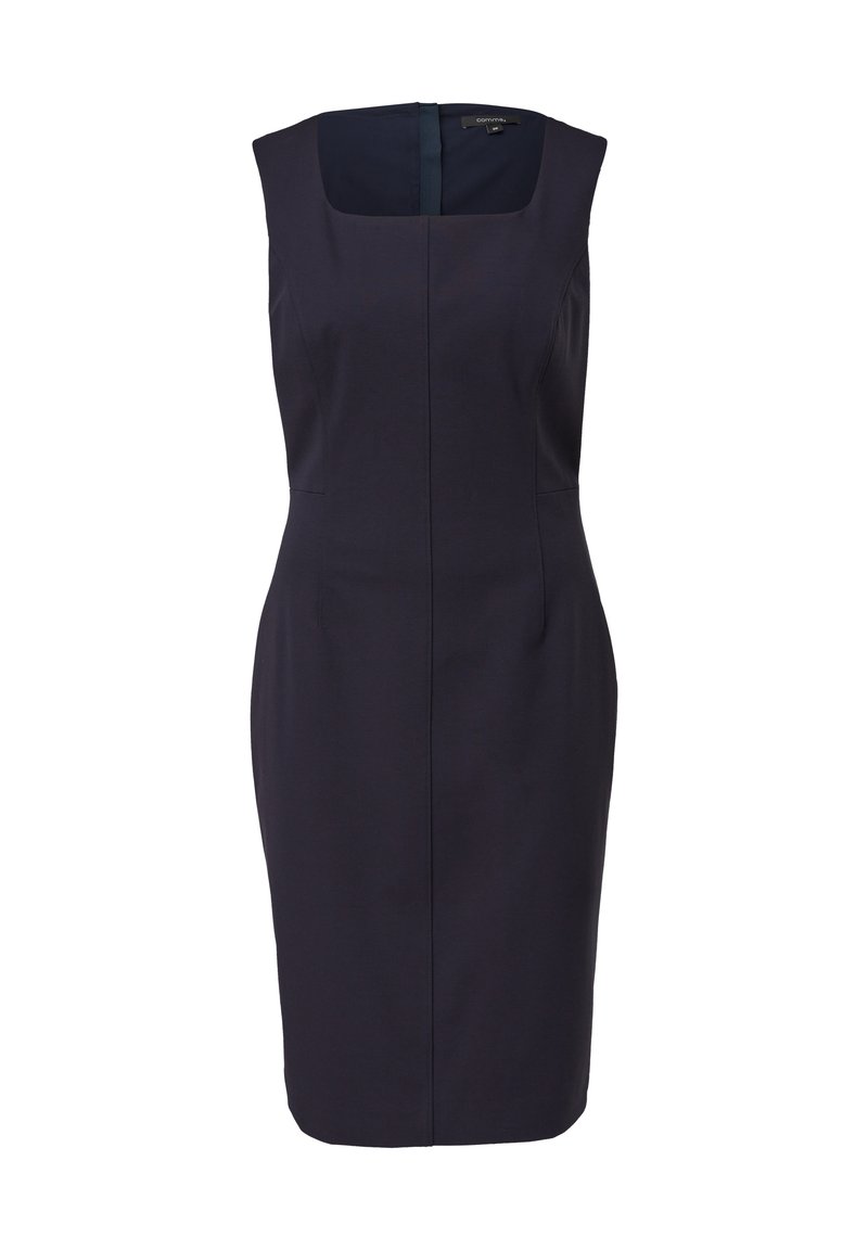 Navy-farbenes, tailliertes Kleid mit quadratischem Ausschnitt und ärmellos Design. Hergestellt aus glattem Material, mit Nahtdetails und einem Reißverschluss auf der Rückseite.