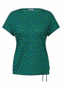 Grøn kortærmet top med et blomsterdesign i forskellige nuancer af grøn. Letvægtsstof med en afslappet pasform og sidelommer.