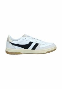 Sneaker bianco con strisce nere, dettagli in suede e un'inserzione dorata sul tallone. Presenta una tomaia con punteggiature e una suola in gomma.