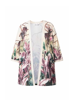 Floral kimono jacket with short sleeves, made of lightweight fabric. Features a multi-colored tropical leaf pattern and open front design.