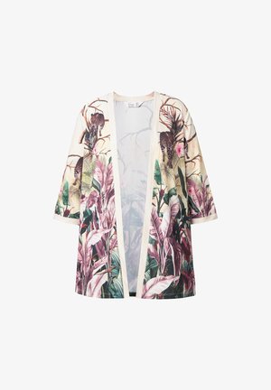 Floral Kimono-Jacke mit kurzen Ärmeln, aus leichtem Stoff gefertigt. Verfügt über ein mehrfarbiges tropisches Blättermuster und ein offenes Frontdesign.