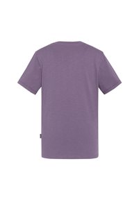 T-shirt a maniche corte in cotone viola chiaro. Design semplice con colletto a girocollo e bordi puliti, dettaglio con etichetta laterale. Texture liscia.