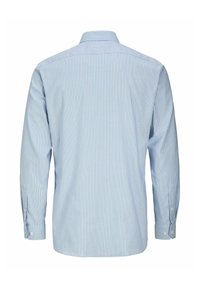 Hele sinise triibuline pikamaa-särk, millel on nööbitavad mansetid ja struktureeritud krae. Vertikaalsed triibud erineva laiusega, sile kangapind.