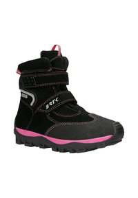 Stivale invernale nero e rosa con finitura in suede, suola in gomma e doppi cinturini in Velcro; presenta cuciture decorative e una punta rinforzata.
