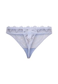 Light blue lace thong with a floral pattern, featuring a scalloped waistband and a soft satin front panel. Thin side straps and sheer back.