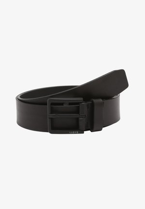 Cinturón de cuero negro con un acabado suave, hebilla metálica rectangular y un diseño elegante. El cinturón es ligeramente cónico en un extremo.
