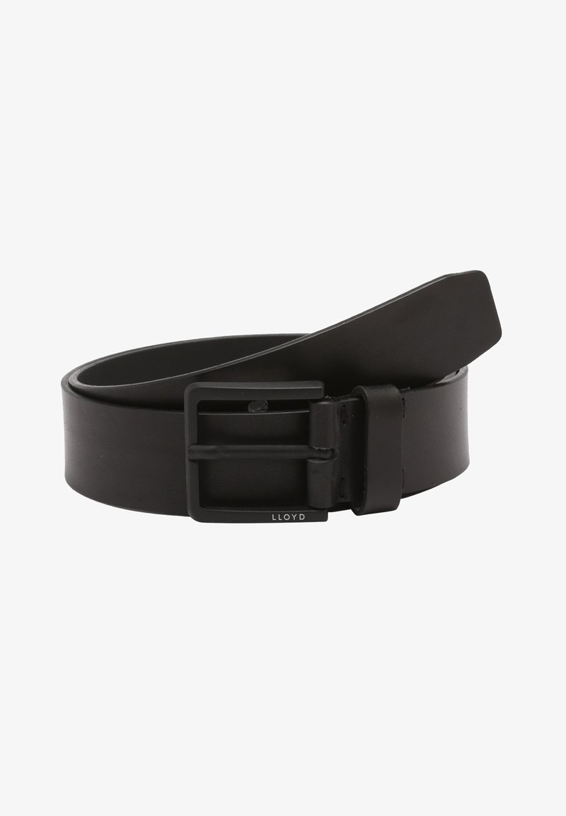 Ceinture en cuir noir avec une texture lisse, dotée d'une boucle en métal carré. La ceinture a une seule bretelle et un design propre et minimaliste.