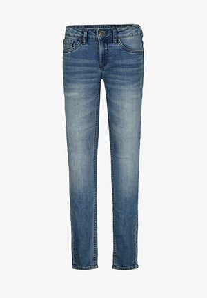 Jean en denim bleu avec une coupe slim, présentant une fermeture à bouton, un design à cinq poches et un léger dégradé sur l'ensemble du tissu.