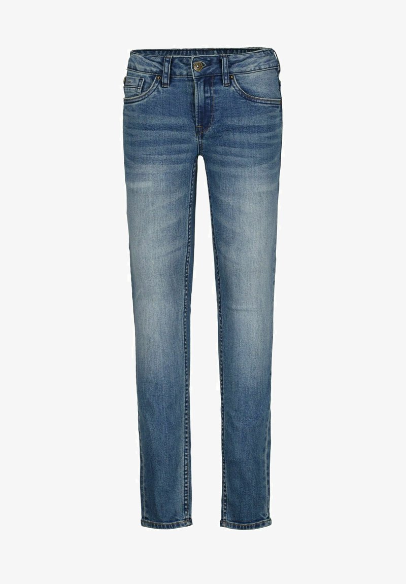 Jeans de denim azul con corte ajustado, que cuentan con un cierre de botón, diseño de cinco bolsillos y un sutil desgastado en toda la tela.