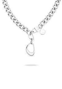 Sølv metal kædenseddel med sammenflettede led. Har en lås og to dråpe accenter, en dråbeformet med poleret overflade.