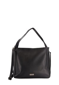 Schwarze Handtasche aus Leder mit strukturierter Oberfläche. Verfügt über zwei Schulterriemen und einen abnehmbaren Crossbody-Riemen. Silbernes Markenemblem sichtbar.