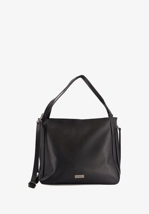 Czarna skórzana torebka o teksturowanym wykończeniu. Posiada podwójne uchwyty na ramię oraz odczepiany pasek na ramię. Widoczna srebrna tabliczka z logo.