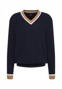 Marineblauer Strickpullover mit V-Ausschnitt, der beige- und weißgestreifte Akzente am Kragen und an den Ärmeln sowie eine lockere Passform am Saum aufweist.