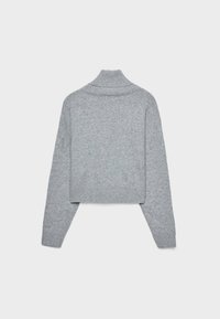 Pull court en maille gris clair avec manches longues et col roulé côtelé, vue de dos sur un fond uni.